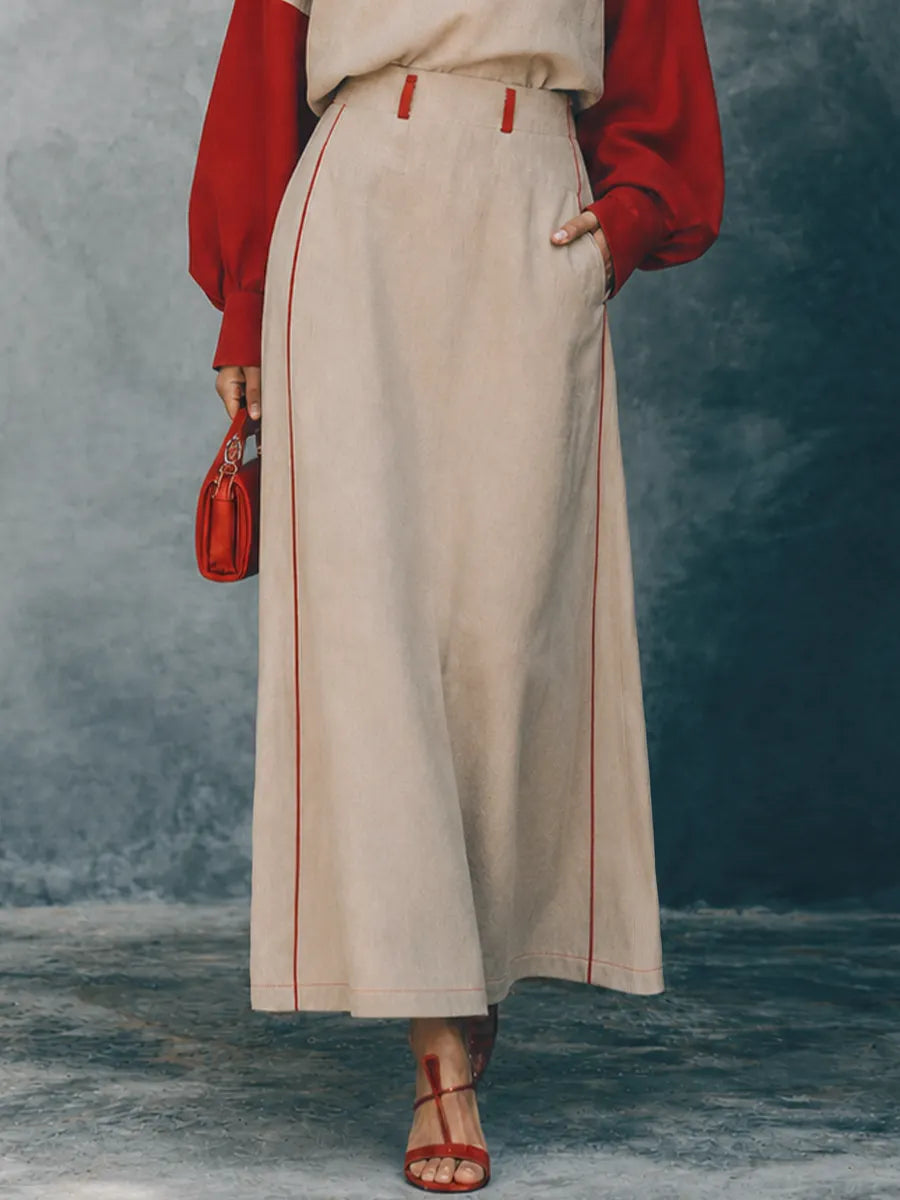 Women's Retro Casual Light Khaki Cotton Linen And Red Knit Cotton Blend High Neck Color Block Sleeve Long Sleeve Full Length Pants Set MDZ1511G0GMJ