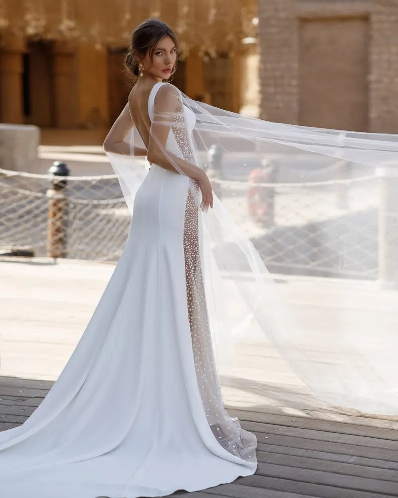 boho satin long bride bridal ivory summer tulle wedding dress beach mermaid peas sexy open v neck bridal bohemian light bride Unique wedding