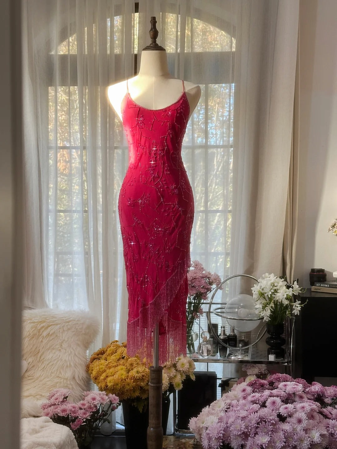 Pink Fashion Elegant Exquisite Beaded Spaetti Strap Midi/Short Mermaid Slim Chiffon Ball Gown Evening Dress Birthday Party Dress Prom Dress Wedding Dress 4098