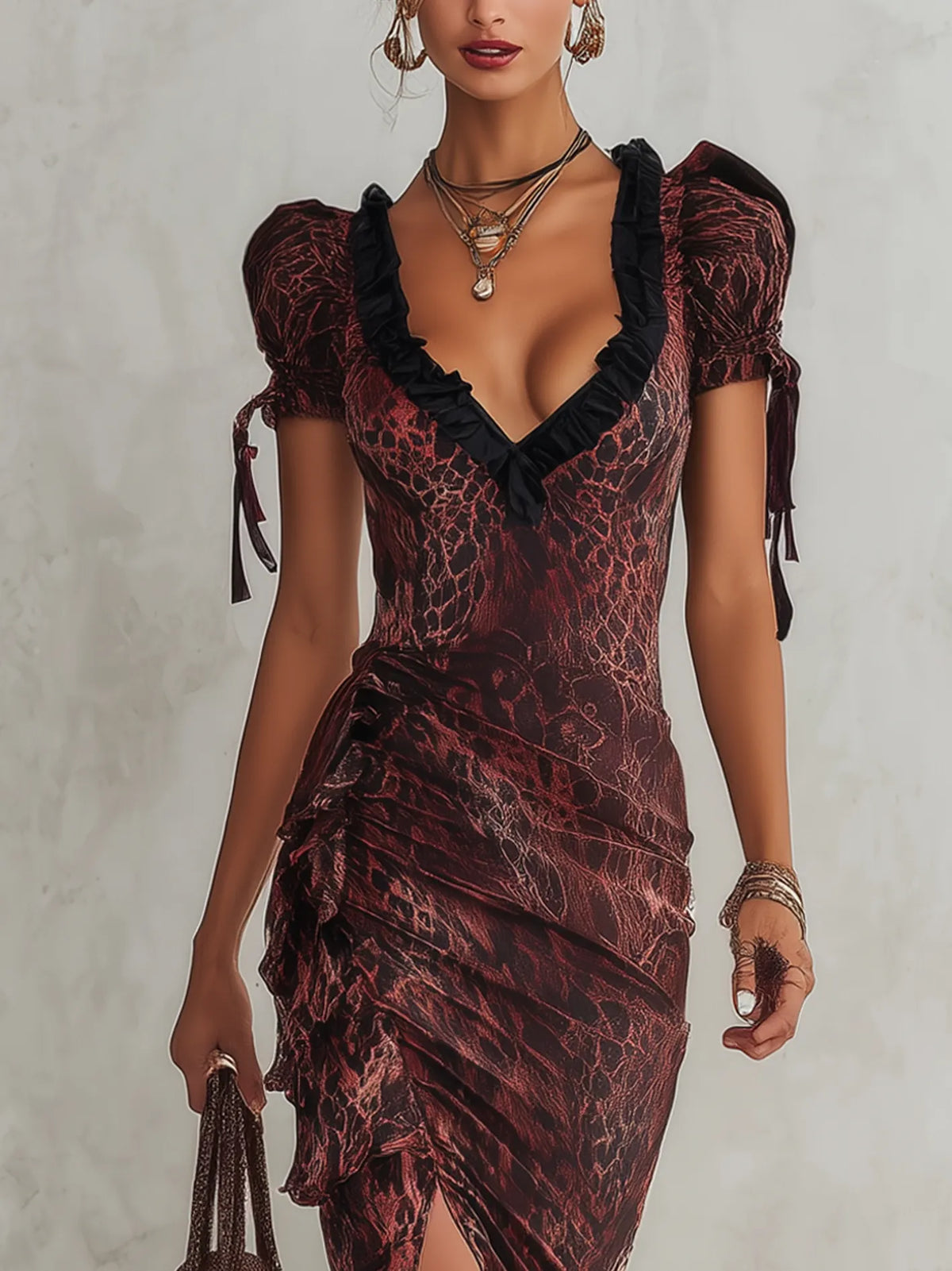 Burgundy Abstract Leopard Print Ruched Bodycon Dress With Side Slit