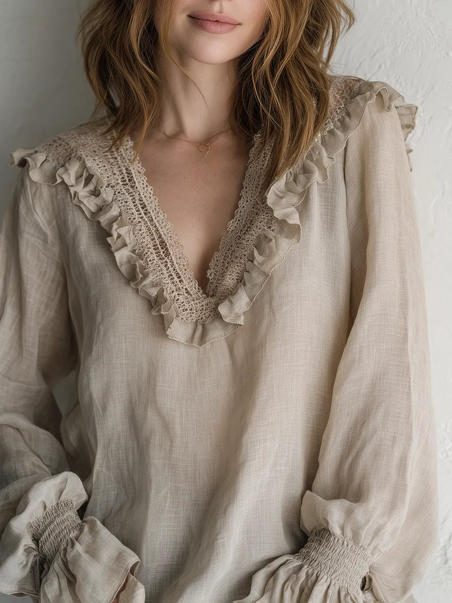 Bohemian Khaki Lace V-neck Shirt
