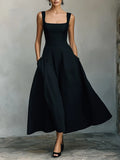 Women's Black Cotton-Blend Maxi Dress With Wide Square Neck Thick Straps & Side Patch Pockets, Minimalist Elegant Formal Swing Dress MDZ2269F2LYL