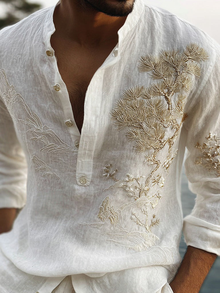 Men's Japanese-style Pine Tree And Mountain Pattern Linen Blend Shirt