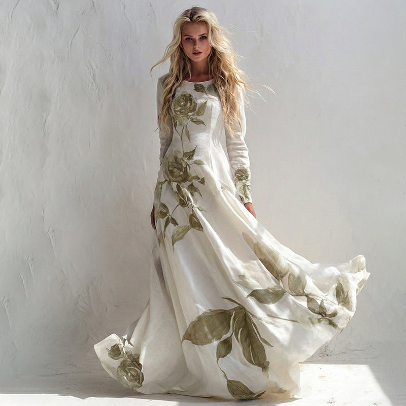 Women's Vintage Floral Art Long Sleeve Maxi Dress