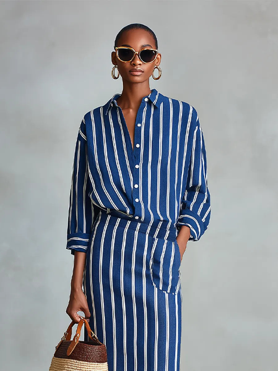 Women's Royal Blue White Stripe Cotton-Blend Co-Ord With Button Front Blouse & Elastic Waist Straight Maxi Skirt, Effortless-Chic Summer Daily Outfit MDZ2304F8LYL
