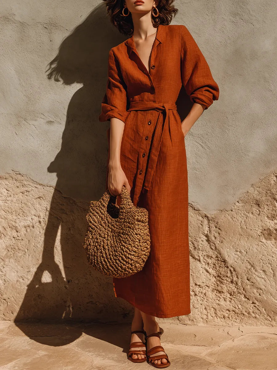 Women's Rust Terracotta Textured Linen Maxi Gown With Oversized Relaxed Silhouette & Adjustable Wrap Waist, Minimalist Effortless-Chic Summer Maxi Dress MDZ0642G8LYL