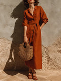 Women's Rust Terracotta Textured Linen Maxi Gown With Oversized Relaxed Silhouette & Adjustable Wrap Waist, Minimalist Effortless-Chic Summer Maxi Dress MDZ0642G8LYL