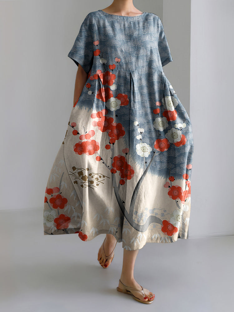 Japanese Art Flower Print Short Sleeve Loose Midi Dress