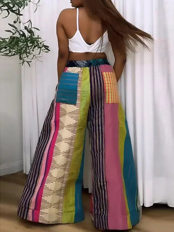 Loose Wide Leg Contrast Color Drawstring Printed Striped Casual Pants Bottoms Trousers