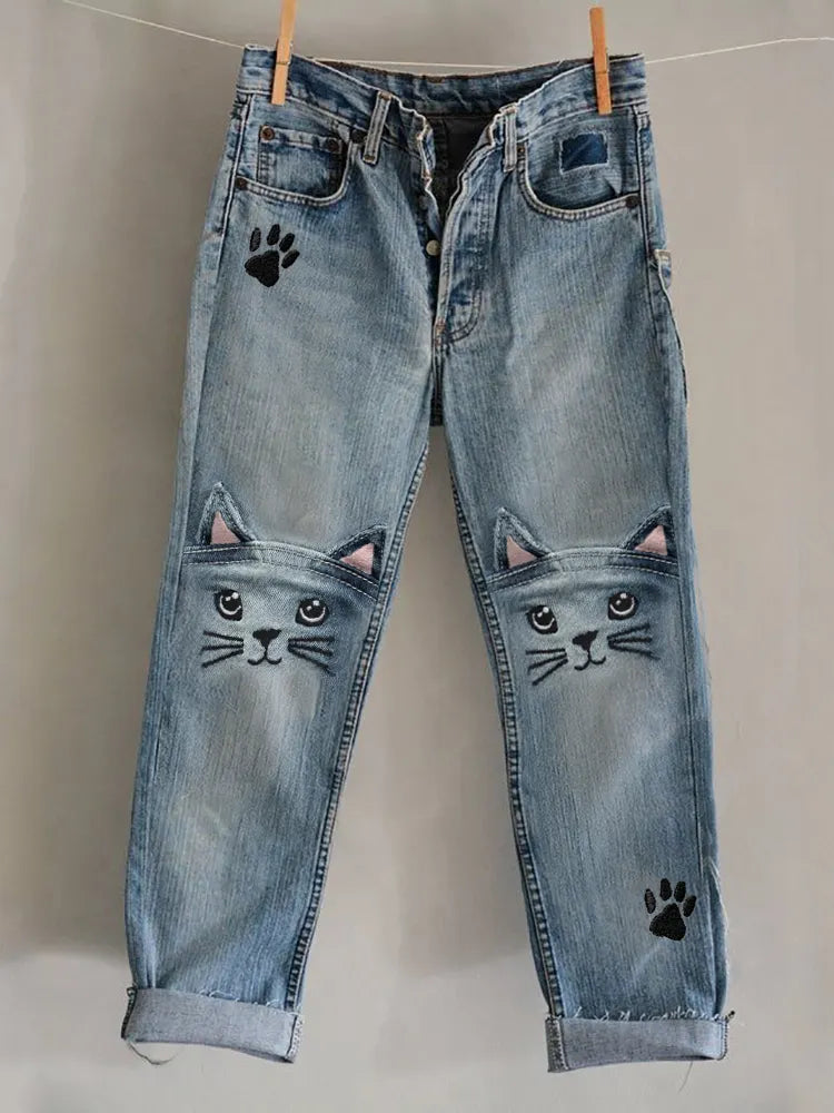 Lovely Cat Faces Embroidered Patchwork Washed Jeans