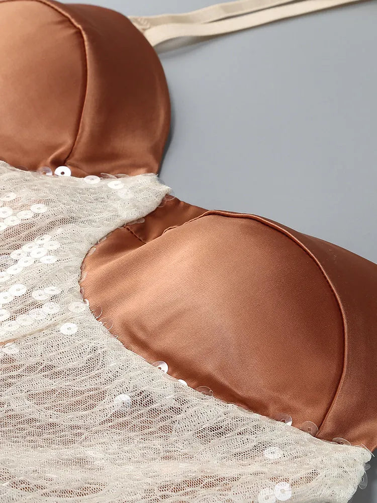 Leaf Detail Bustier Sequin Lace Maxi Dress Brown Nude