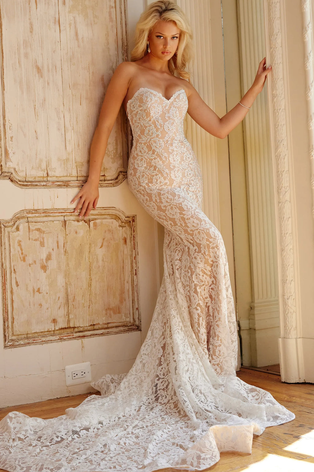 Jovani JB06588 Off white strapless lace wedding gown