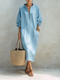 Women's Coastal Style Light Blue Linen Blend Stand Collar Half-Zip Long Sleeve Patch Pocket Oversized Maxi Dress MDZ1386G8ZSQ
