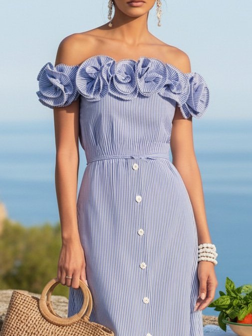Maxi Cotton Dress, Sleeveless, Off The Shoulder, Striped, 3D Floral, Vacation, Vintage, Blue