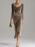 Elegant Pile Collar Velvet Midi Dress