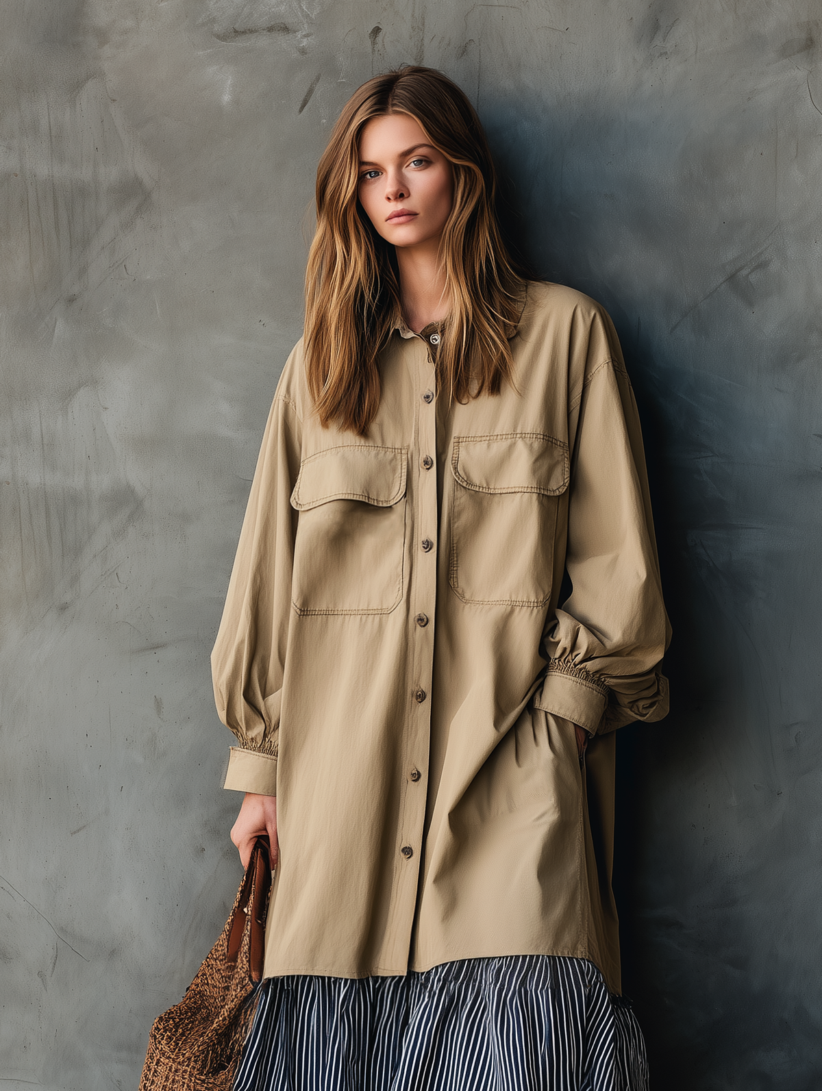 Women's Casual Khaki Woven Long-sleeve Maxi Dress With Striped Paneling MDZ2164G6LXY