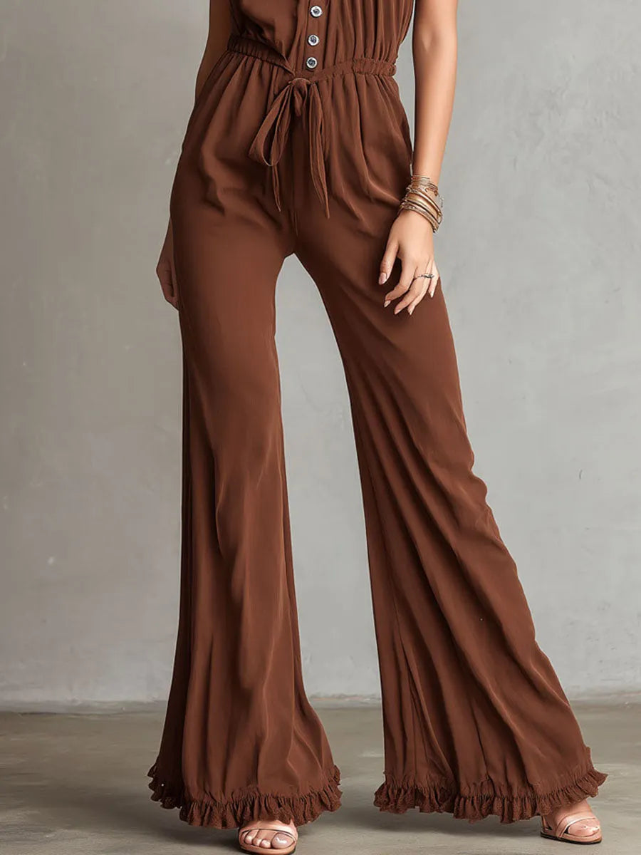 Boho Cocoa Ruffled Halter Wide-Leg Jumpsuit