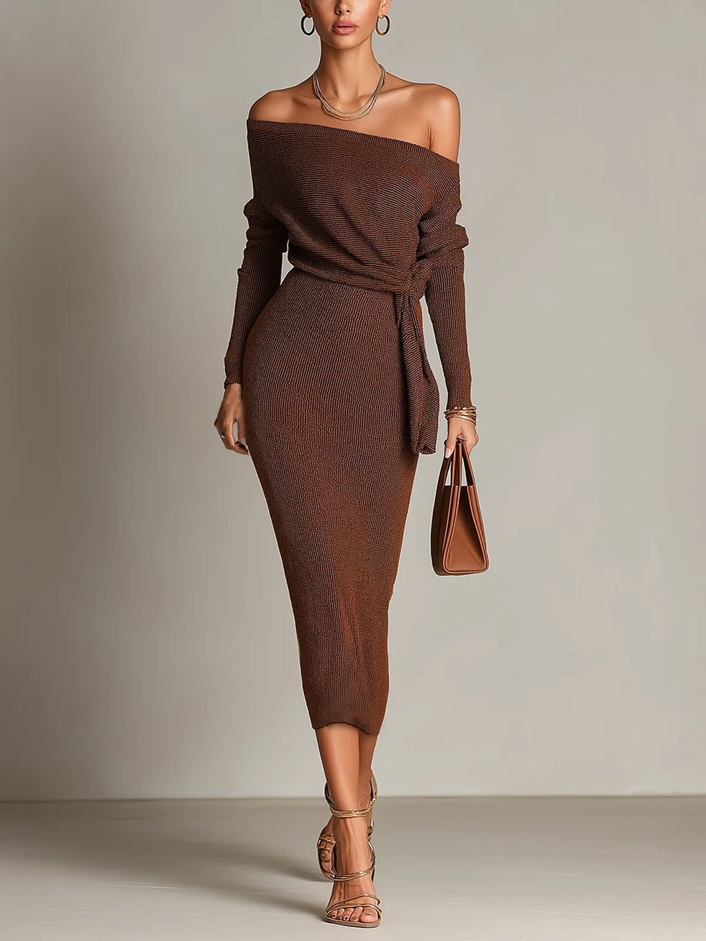 Brown Off Shoulder Tie Waist Midi Knit Dress