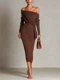 Brown Off Shoulder Tie Waist Midi Knit Dress