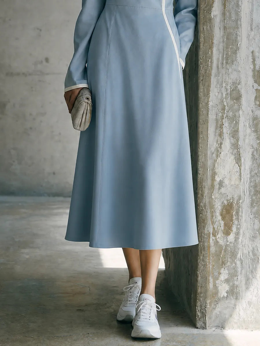 Women's Casual Commuting Light Blue Cotton Blend Wrap V Neck Contrast Trim Waisted Long Sleeve Midi Dress MDZ1528G0GMJ