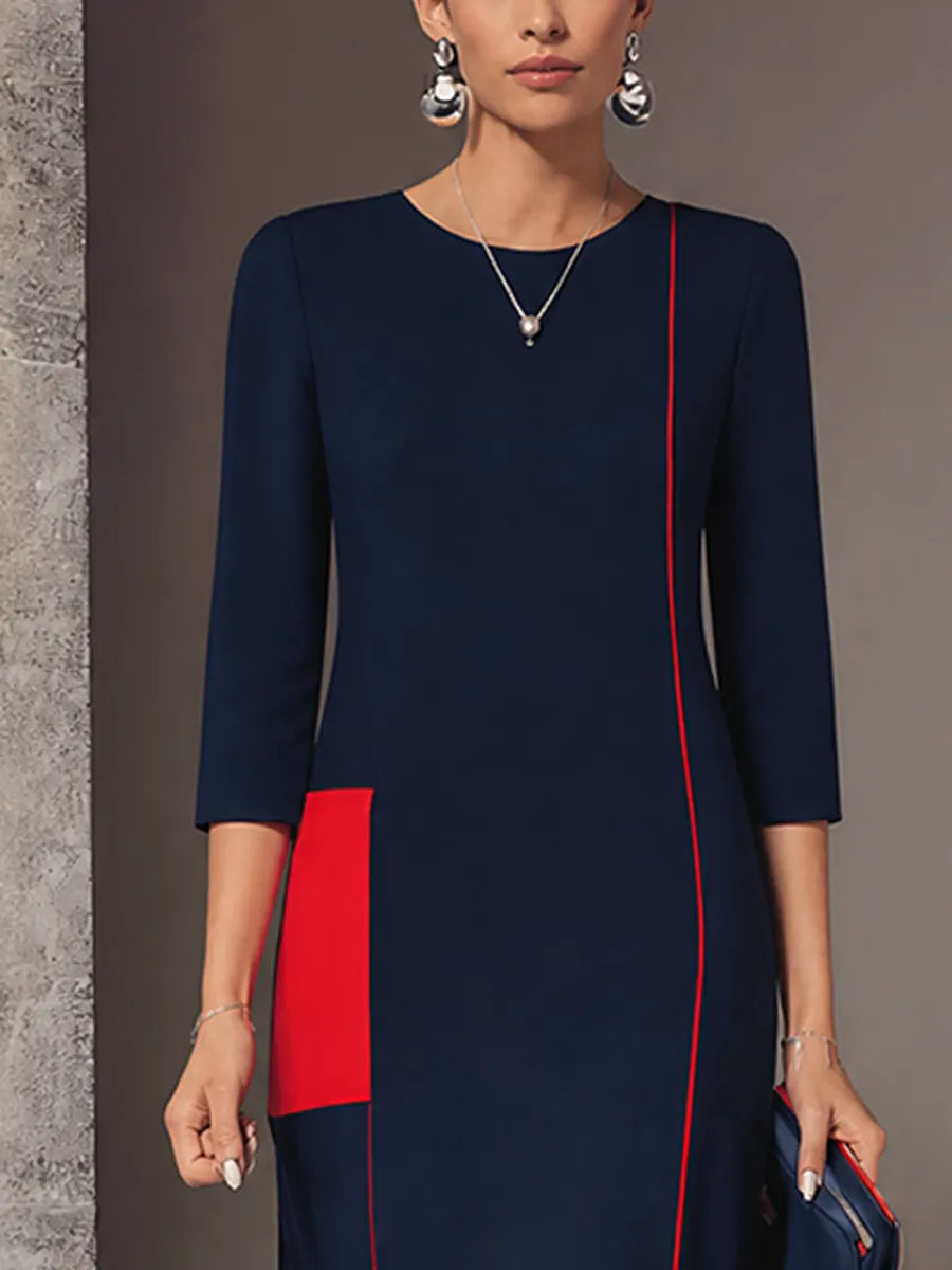 Women's Classic Navy Cotton Blend Contrast Stitch Patch Pocket 3/4 Sleeve Maxi Dress MDZ1494G0GMJ