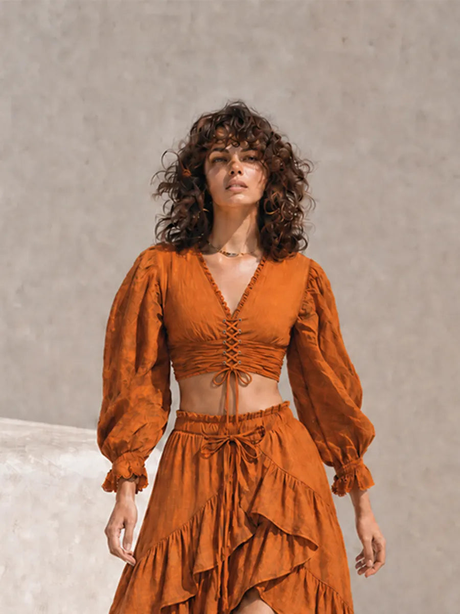 Caramel Lace-Up V-Neck Puff Sleeve Crop Top & Irregular Ruffle Maxi Skirt Two-Piece Set MDZ1708G3CMX