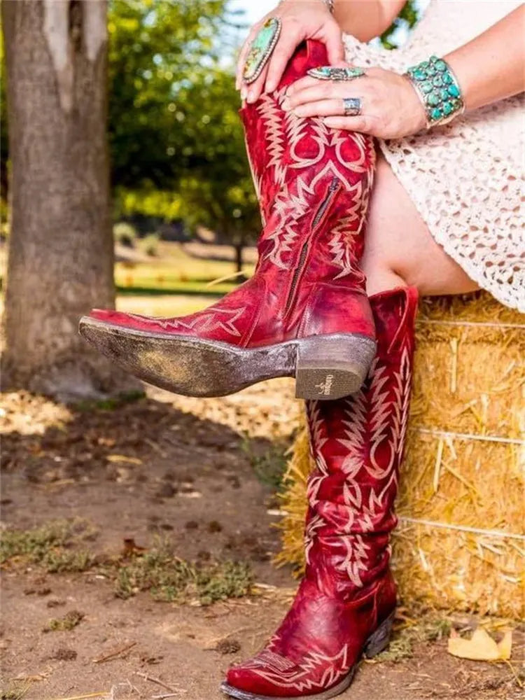 Vintage Western Cowboy Embroidered Knee-High Boots
