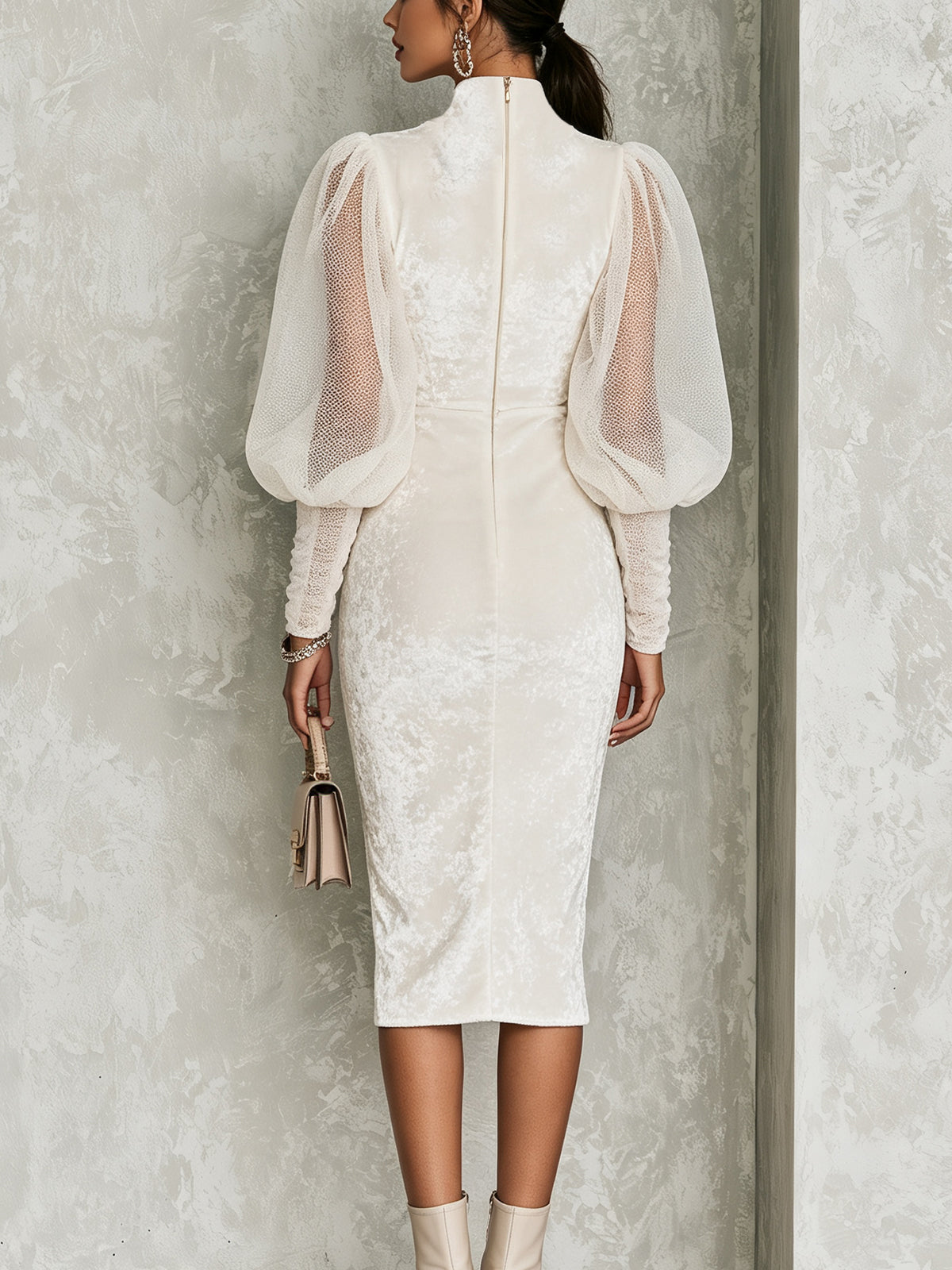 Ivory Velvet Mesh Sleeve Mock Neck Midi Dress