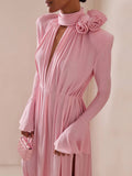 Three-Dimensional Flower Deep V Pleated Maxi Dress