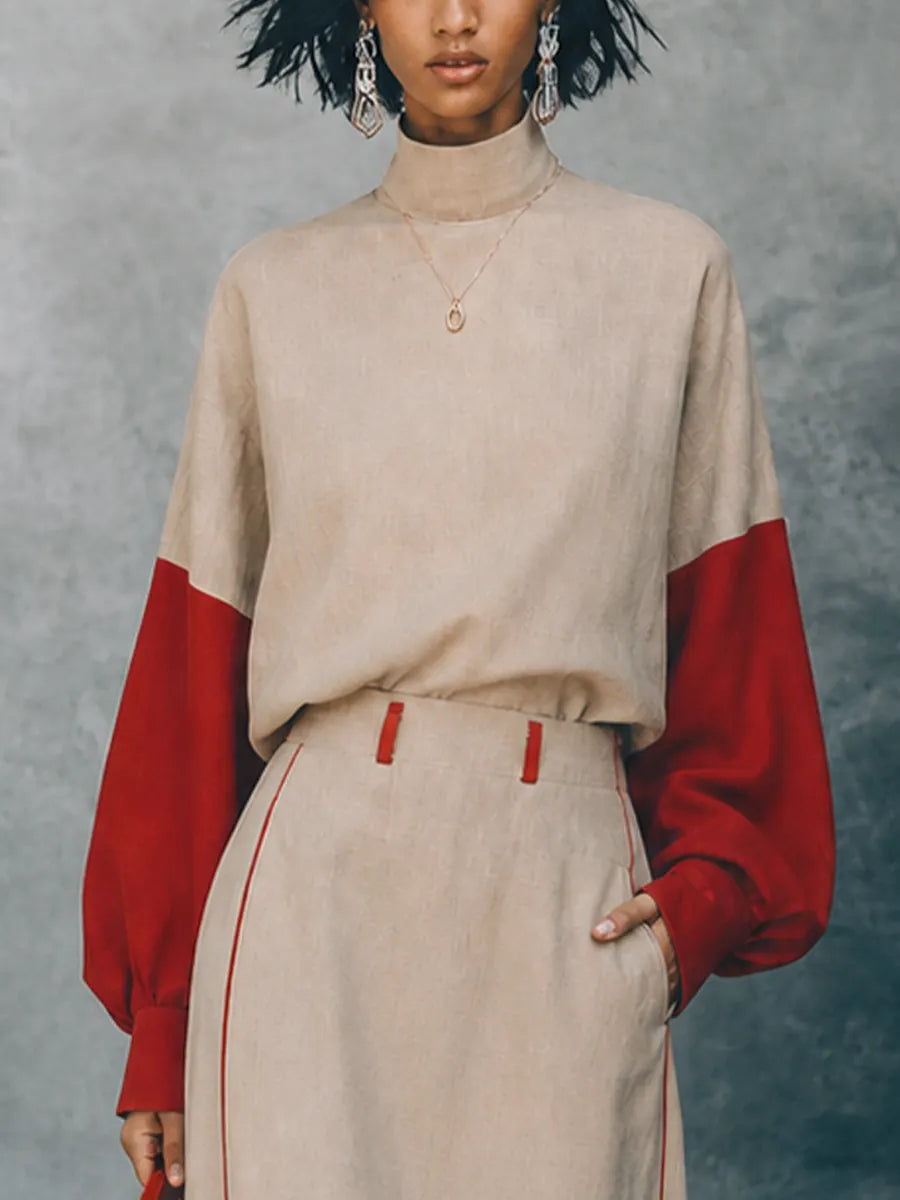 Women's Retro Casual Light Khaki Cotton Linen And Red Knit Cotton Blend High Neck Color Block Sleeve Long Sleeve Full Length Pants Set MDZ1511G0GMJ