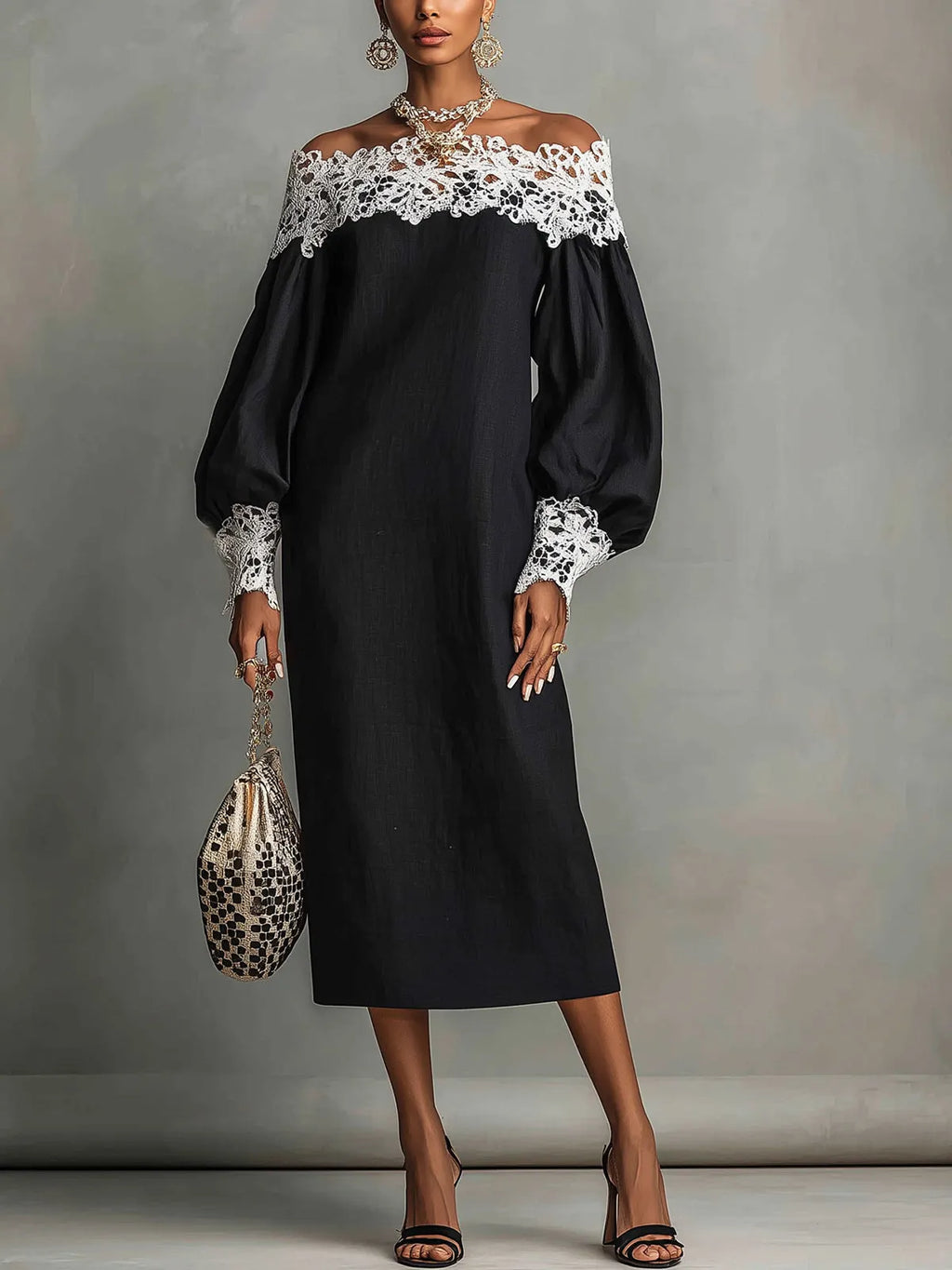 Off-Shoulder Black Lace Trim Midi Dress