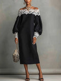Off-Shoulder Black Lace Trim Midi Dress