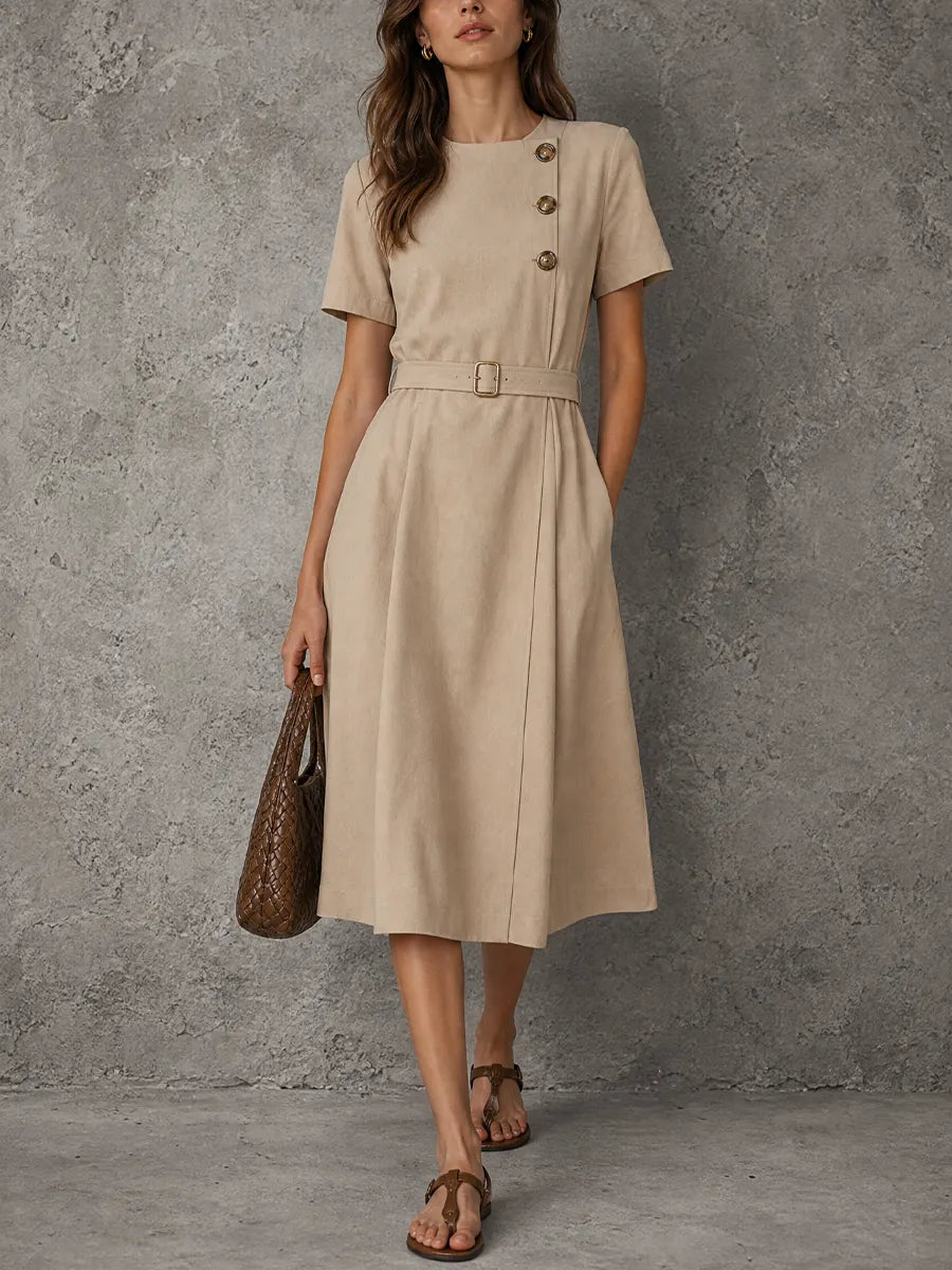 Women's Minimalist Elegant Khaki Cotton Blend Button Belted Short Sleeve Midi Dress MDZ2133G8GMJ