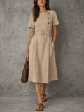 Women's Minimalist Elegant Khaki Cotton Blend Button Belted Short Sleeve Midi Dress MDZ2133G8GMJ