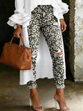 Women's Fashion Floral Print Casual Skinny Ripped Jeans With Artistic Print