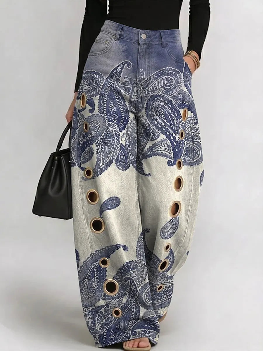 Women's Vintage Gradient Paisley Pattern Print Casual Fashion Cutout Jeans