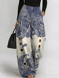 Women's Vintage Gradient Paisley Pattern Print Casual Fashion Cutout Jeans