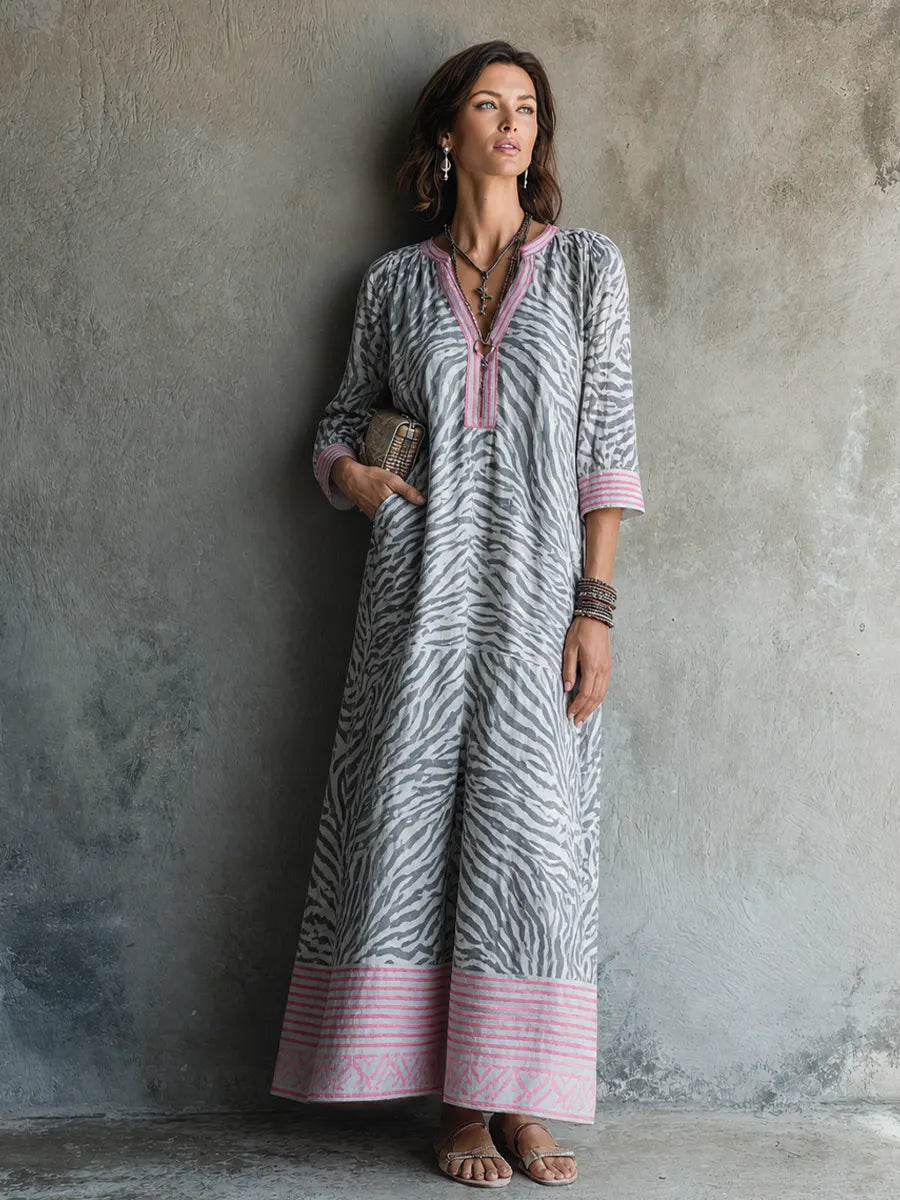 Women's Vacation Style Grey And Pink Cotton Blend V-Neck 3/4 Sleeve Zebra Print Maxi Dress MDZ3025F5GMJ