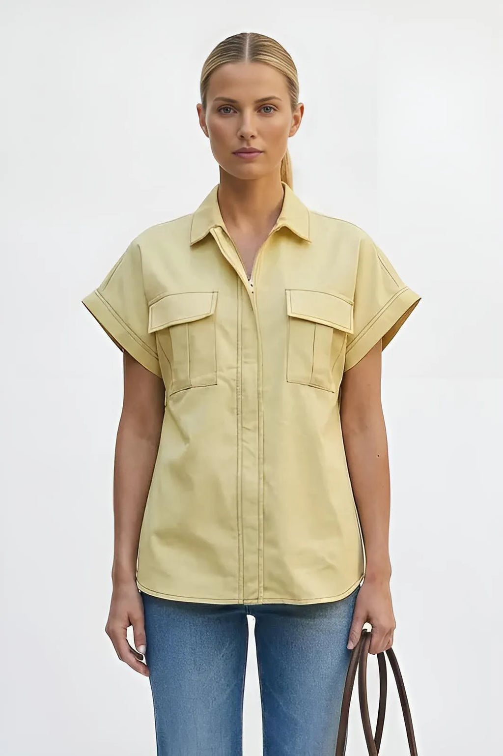 Stitch Detail Front Zip Up Blouse
