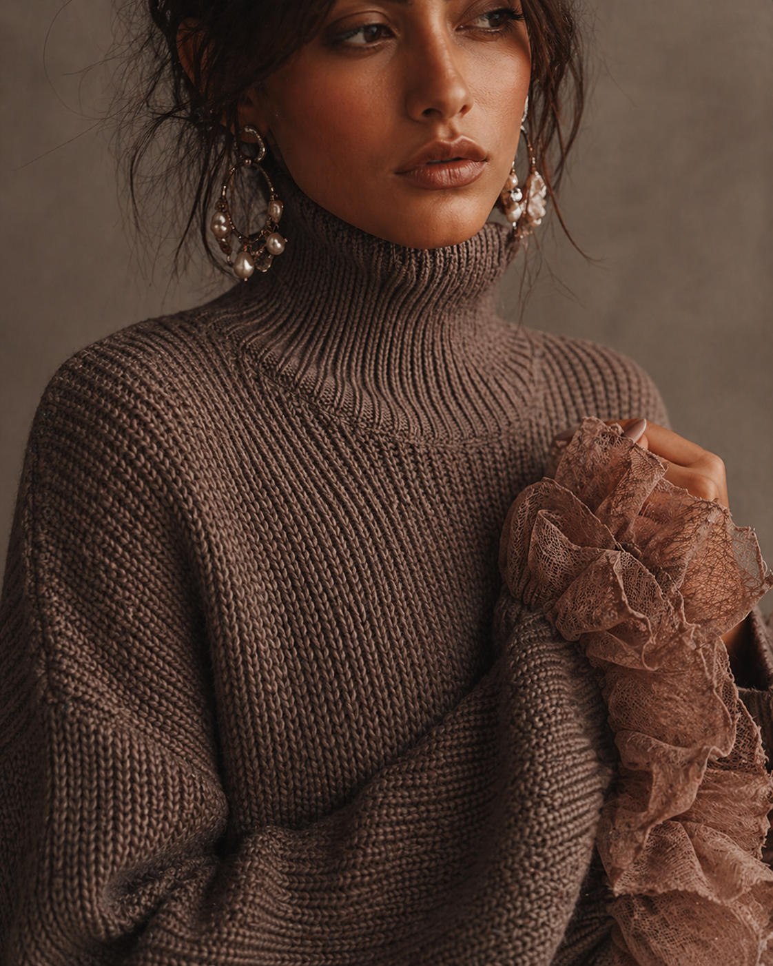 Winter Coquette Ribbed Knit Lace Ruffle Sweater Dress