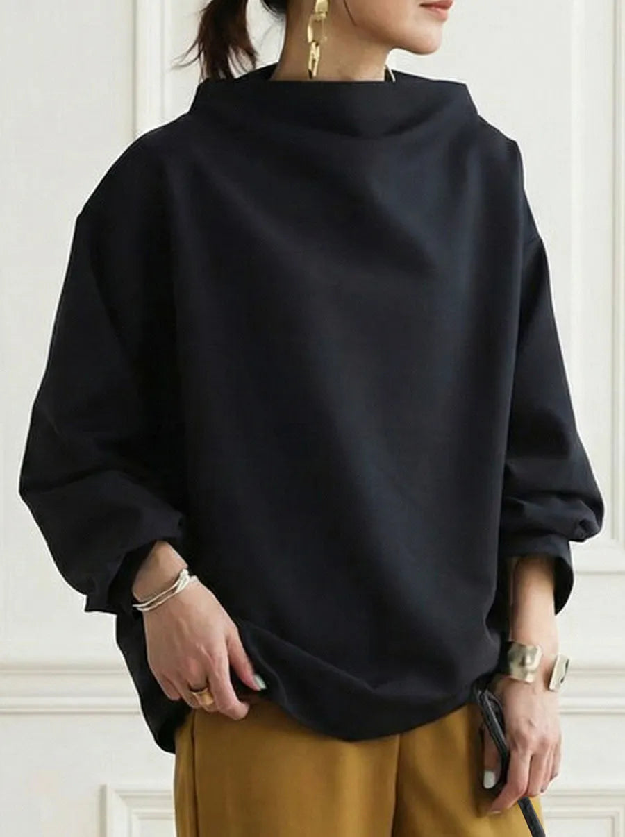 Long Sleeves Loose Solid Color High-neck Sweatershirt