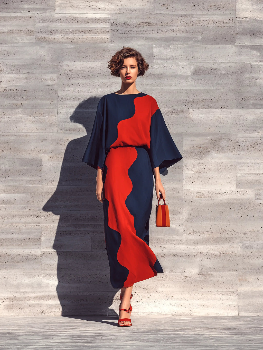 Women’s Navy & Red Wavy Color Block Round Neck Flare Three Quarter Sleeve Loose Dress MDZ0657G9YZJ