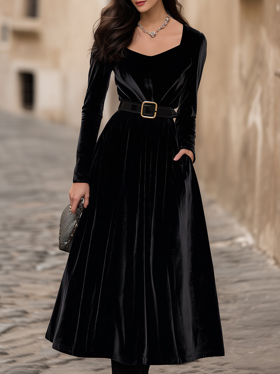 Elegant Velvet Belted Midi Dress