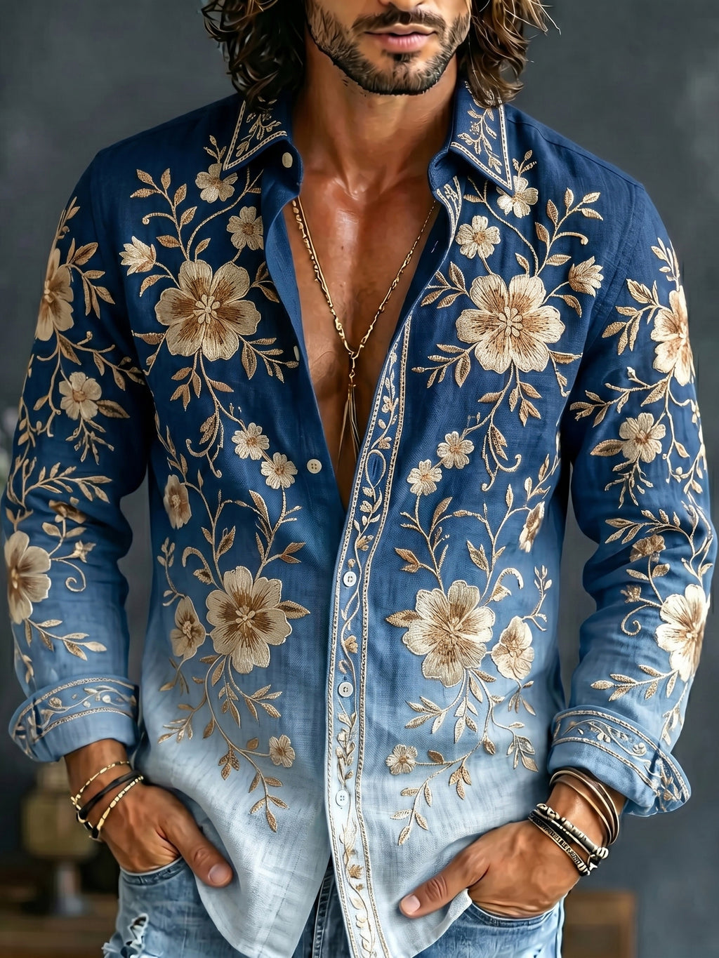 Men's Vintage Floral Art Print Long Sleeve Linen Blend Casual Shirt