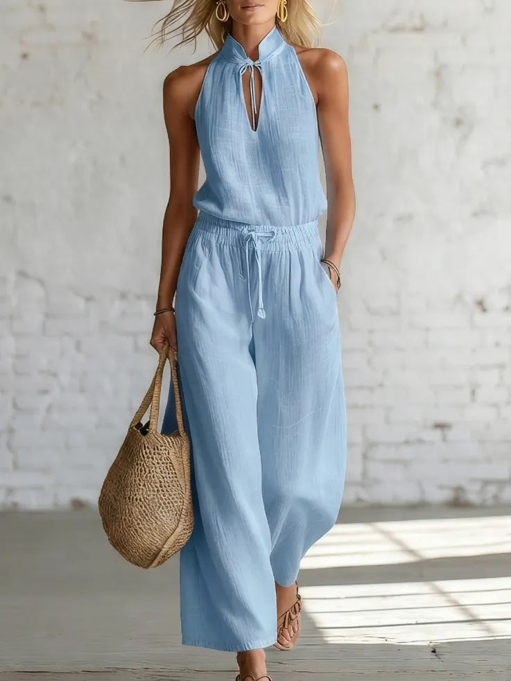 Elegant Stand-collar Shirt And Wide-leg Pant Linen Cotton Two-piece Set