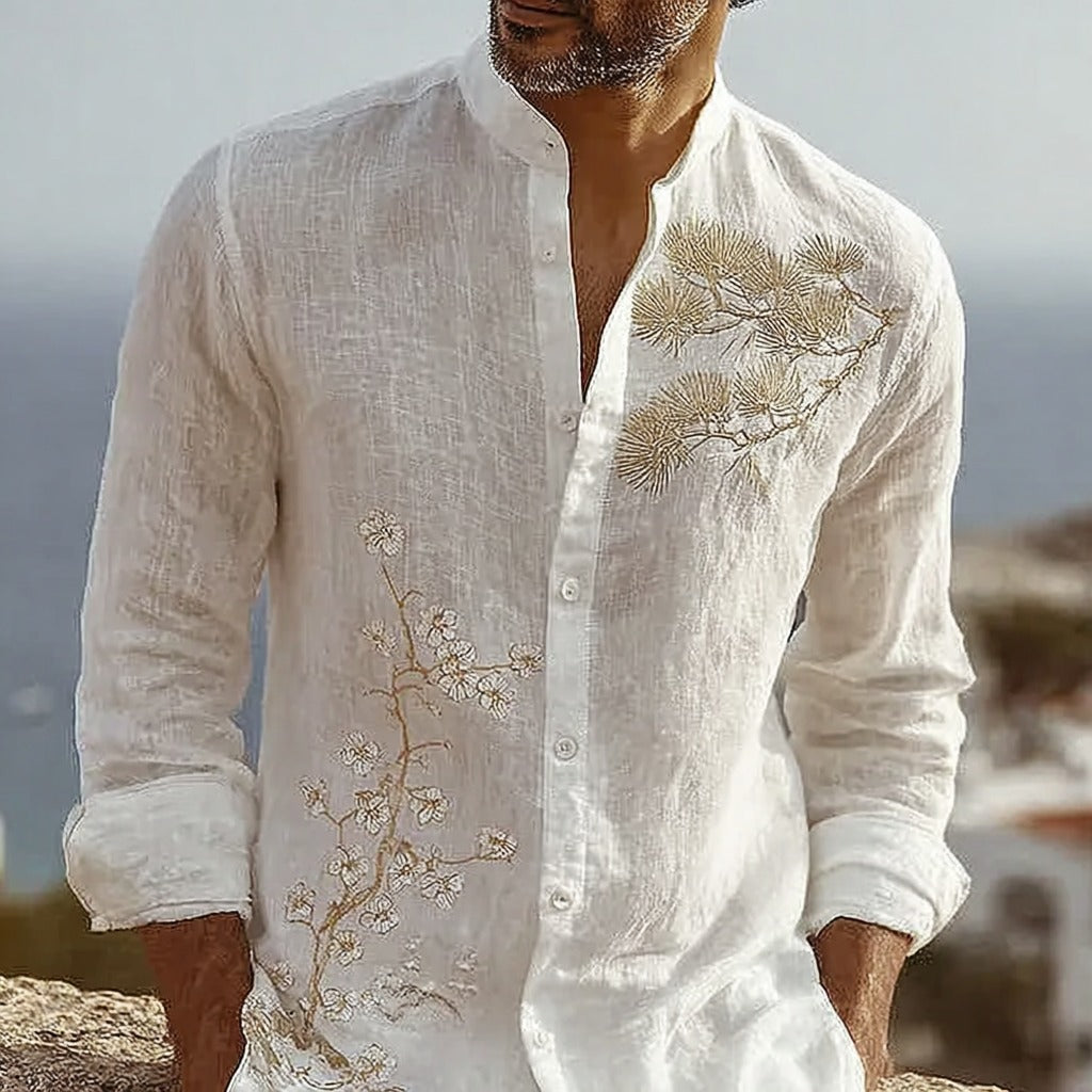 Men's Japanese-style Pine Tree And Cherry Blossom Pattern Linen Blend Shirt