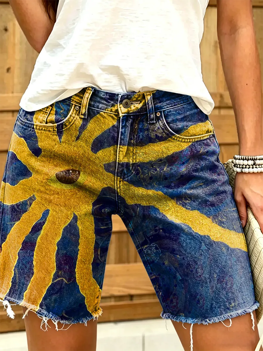 Women's Boho Sun Totem Art Print Washed Denim Shorts