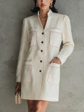 Women's Minimal Commuter Off White Cotton Blend Stand Collar Single Button Contrast Stitch Mini Shirt Dress MDZ1575G5GMJ