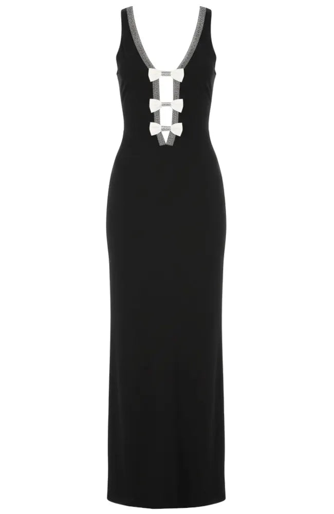 Halter Crystal Bow Detail Maxi Dress Black