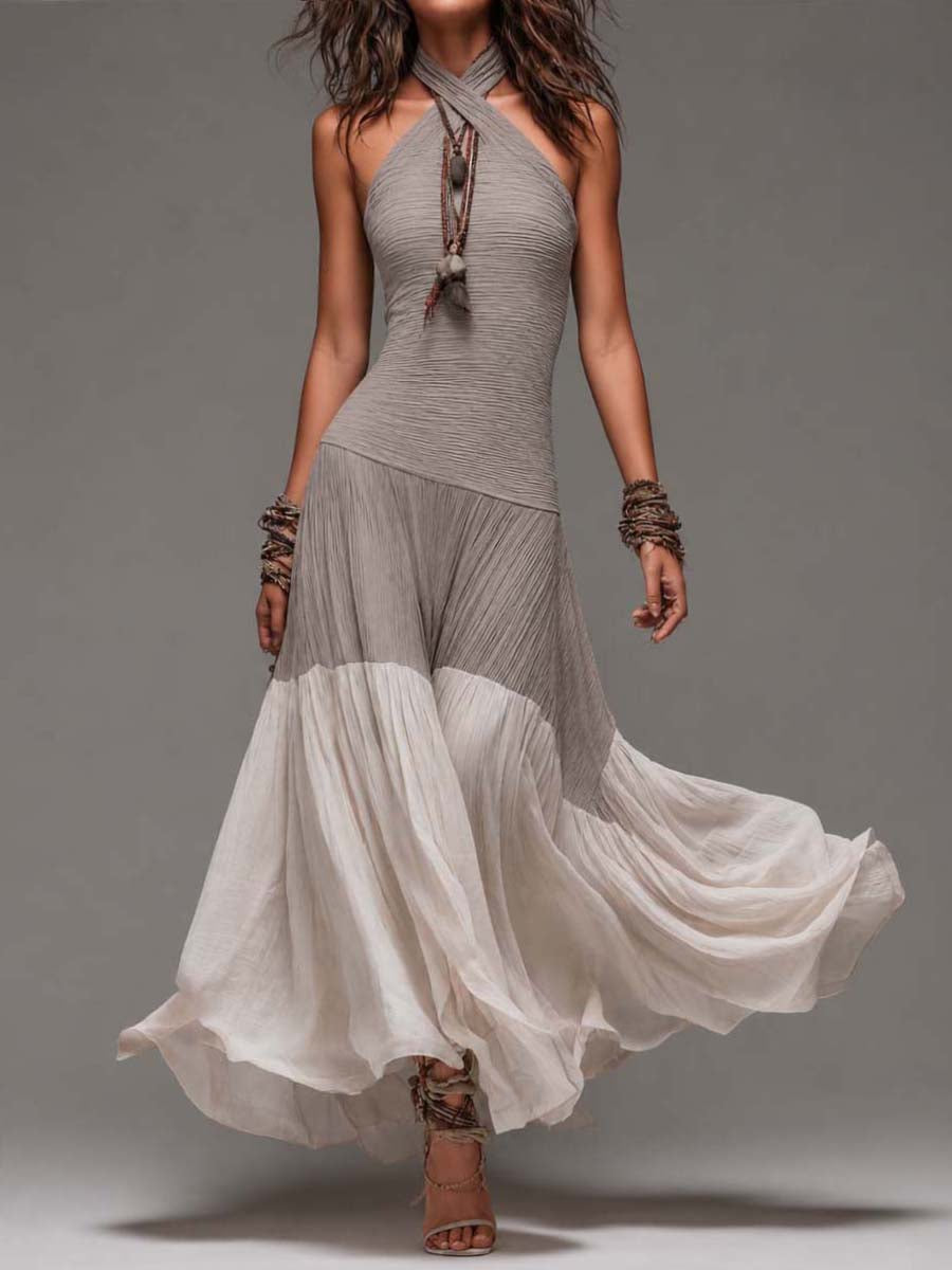 Vintage Boho Crinkle Cotton Halter Cross-Neck Maxi Dress
